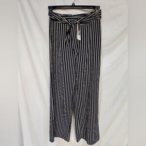 Aqua Women's Blue White Stretch Mid-Rise Casual Striped Pants Small